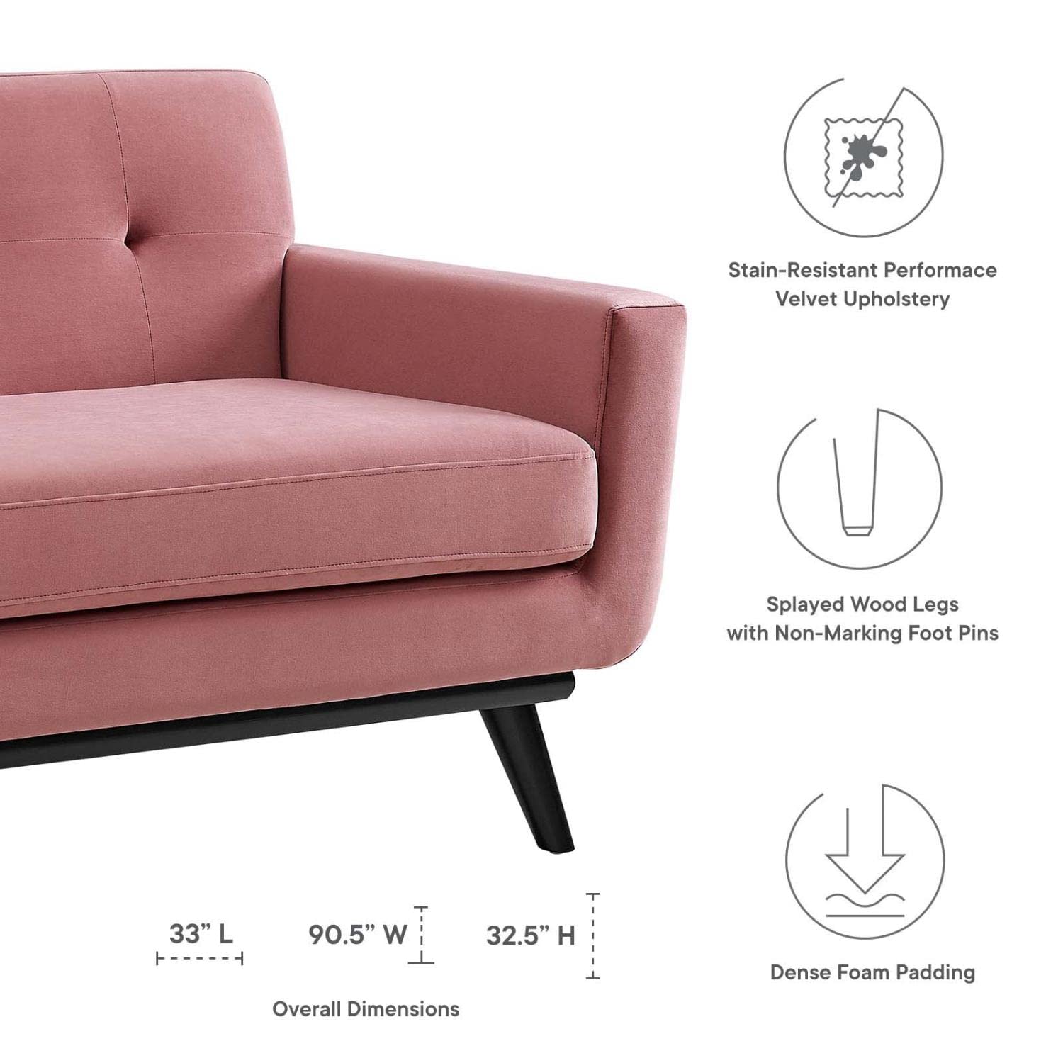 Modway Engage Samtsofa – Mid-Century Design, Staubiges Rosa, Abnehmbare Kissen