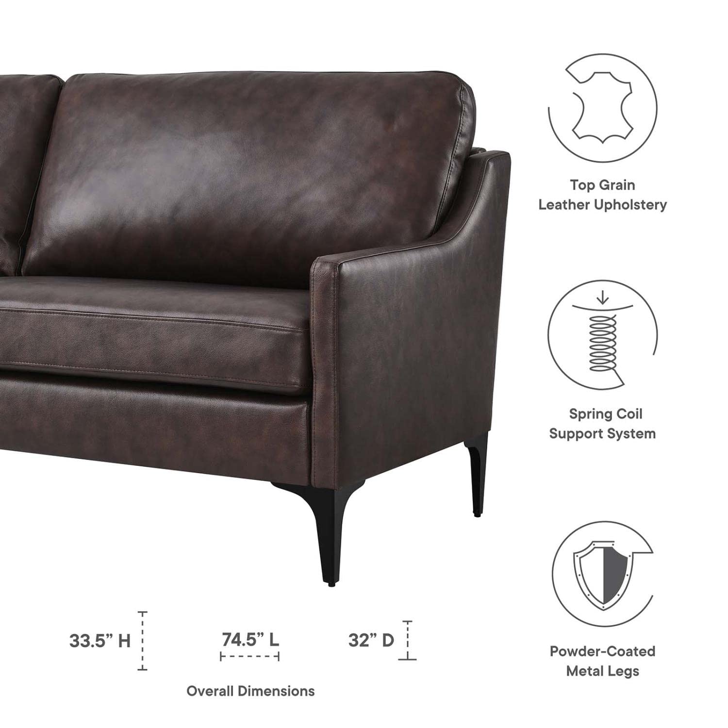 Modway Corland Ledersofa – Modernes Design mit Metallgestell, Braun, Federkernunterstützung