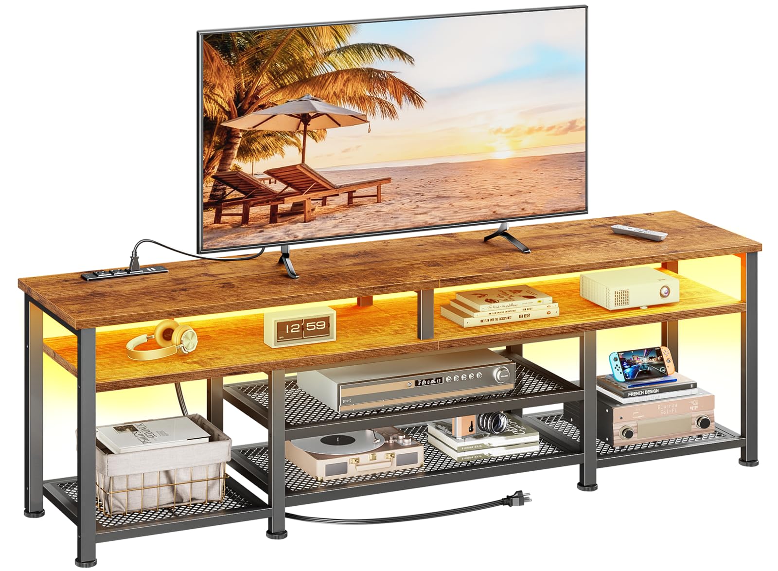 TV-Lowboard 160 cm mit LED-Beleuchtung und Steckdosen – Medienkonsole für 55–70 Zoll Fernseher, TV-Schrank mit offenen Ablagen, Braun