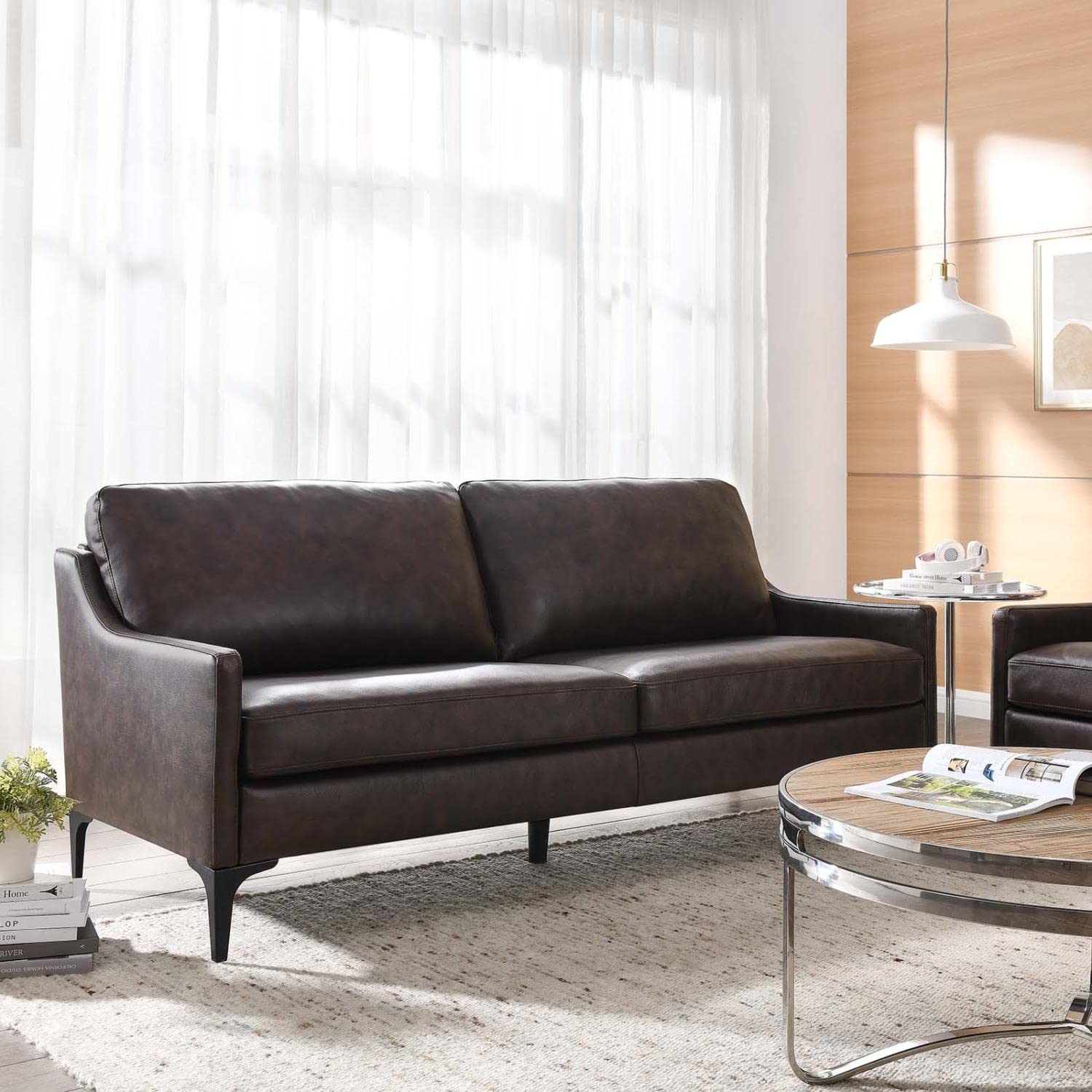 Modway Corland Ledersofa – Modernes Design mit Metallgestell, Braun, Federkernunterstützung