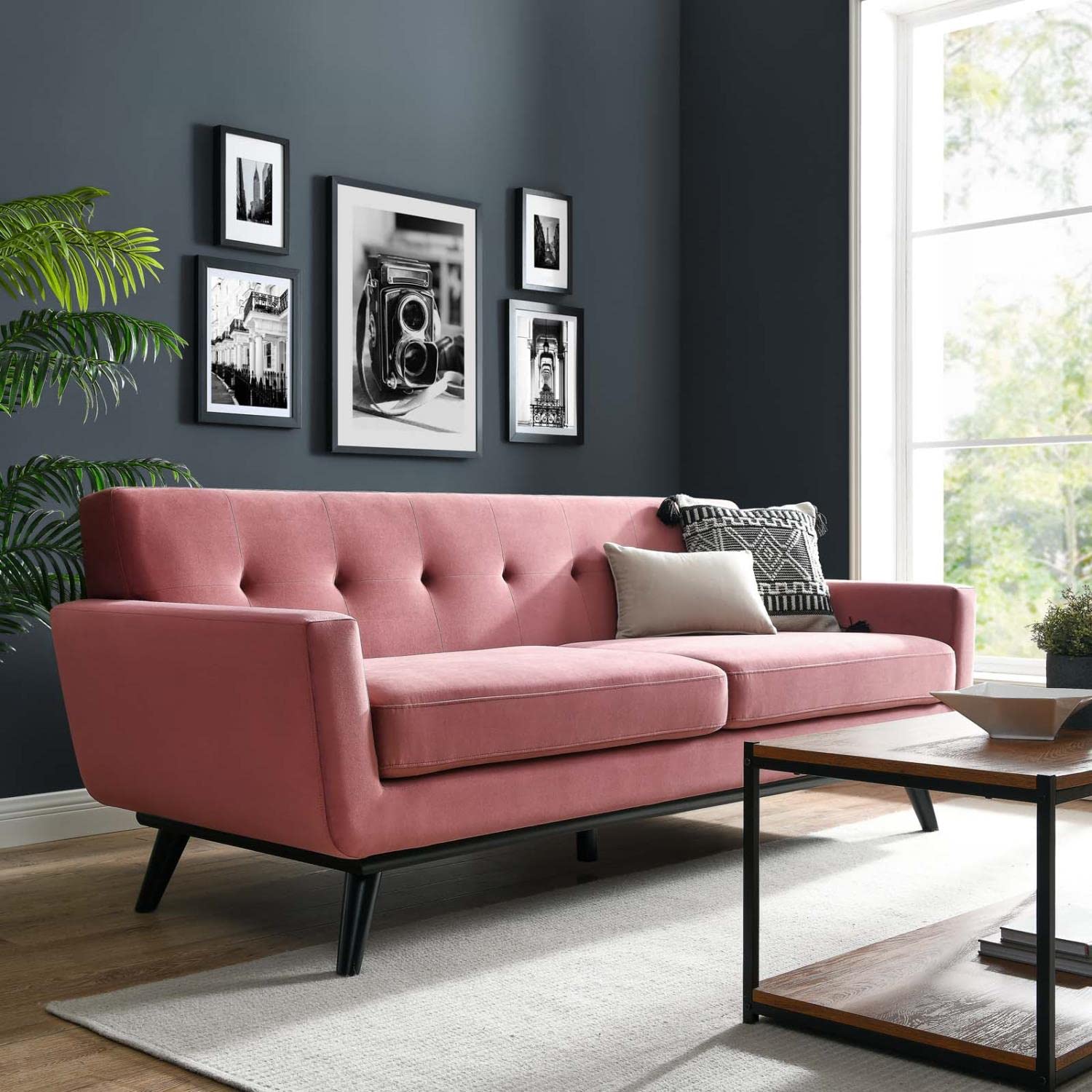 Modway Engage Samtsofa – Mid-Century Design, Staubiges Rosa, Abnehmbare Kissen