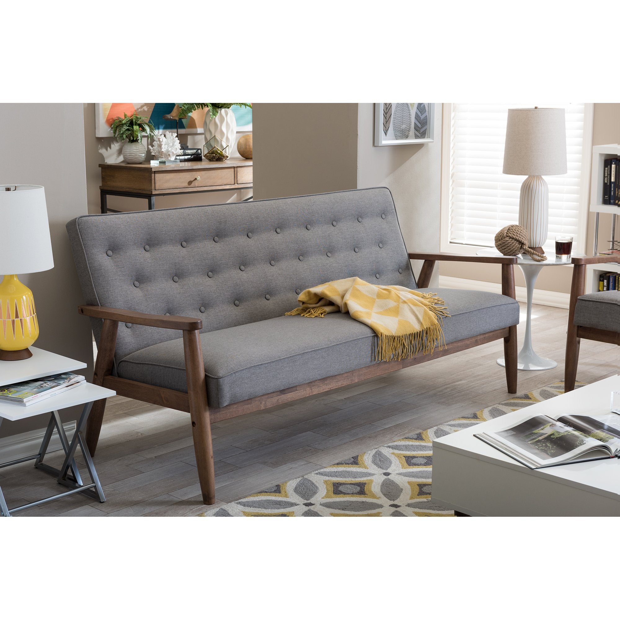 Baxton Studio Sorrento 3-Sitzer Sofa – Mid-Century Retro Modern, Samtstoff, Grau